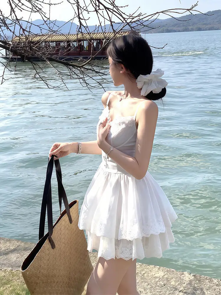 Ele Floral Collar Sunscreen Knitted Outerwear Summer New Arrival Korean Sle White Moonlight Strap Dr Faion Set