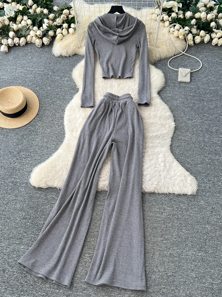 Set da donna in due pezzi lavorato a maglia drappeggiato a vita alta con cappuccio stampato ort Top pantaloni a gamba larga Autunno Inverno Faion Ensemble