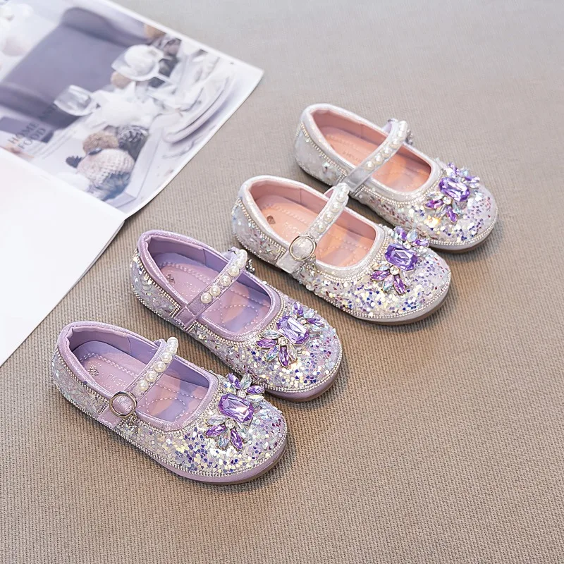

New spring autumn Girls Princess Crystal Shoes Soft Sole Bow Decor children flat Shoes Sparkling Rhinestone sequin girls shoes