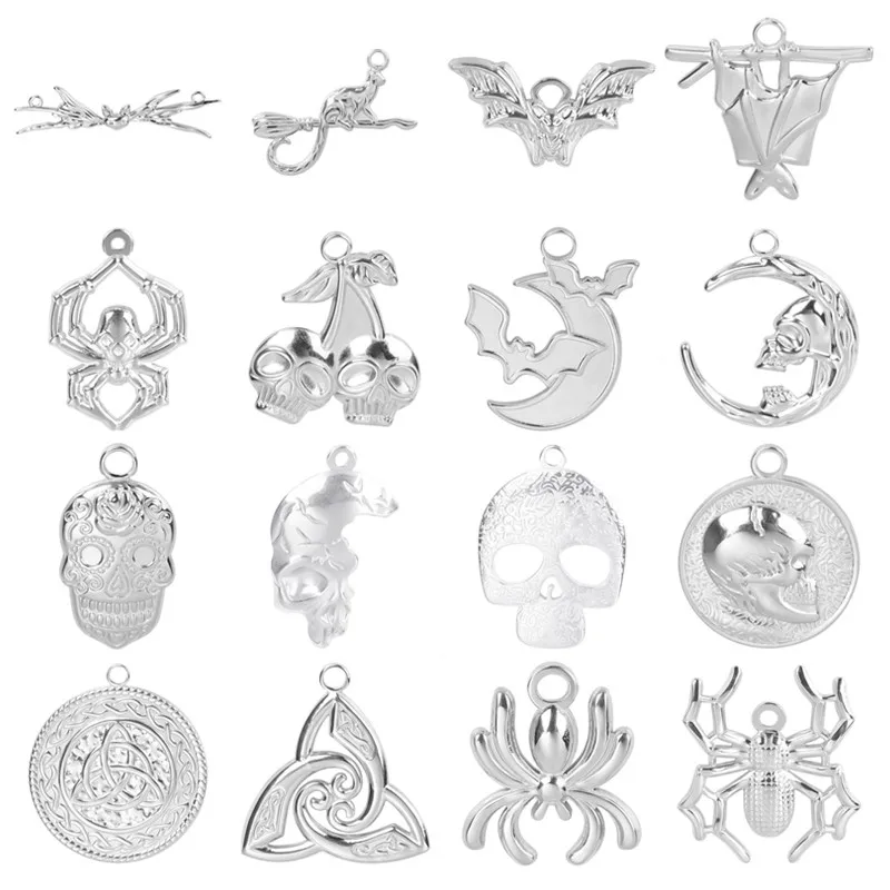 5pcs/Lot Steampunk Stainless Steel Moon Skull/Bat Spider Charms For Jewelry Making Bulk Metal Silver Color Pendant Charm Finding