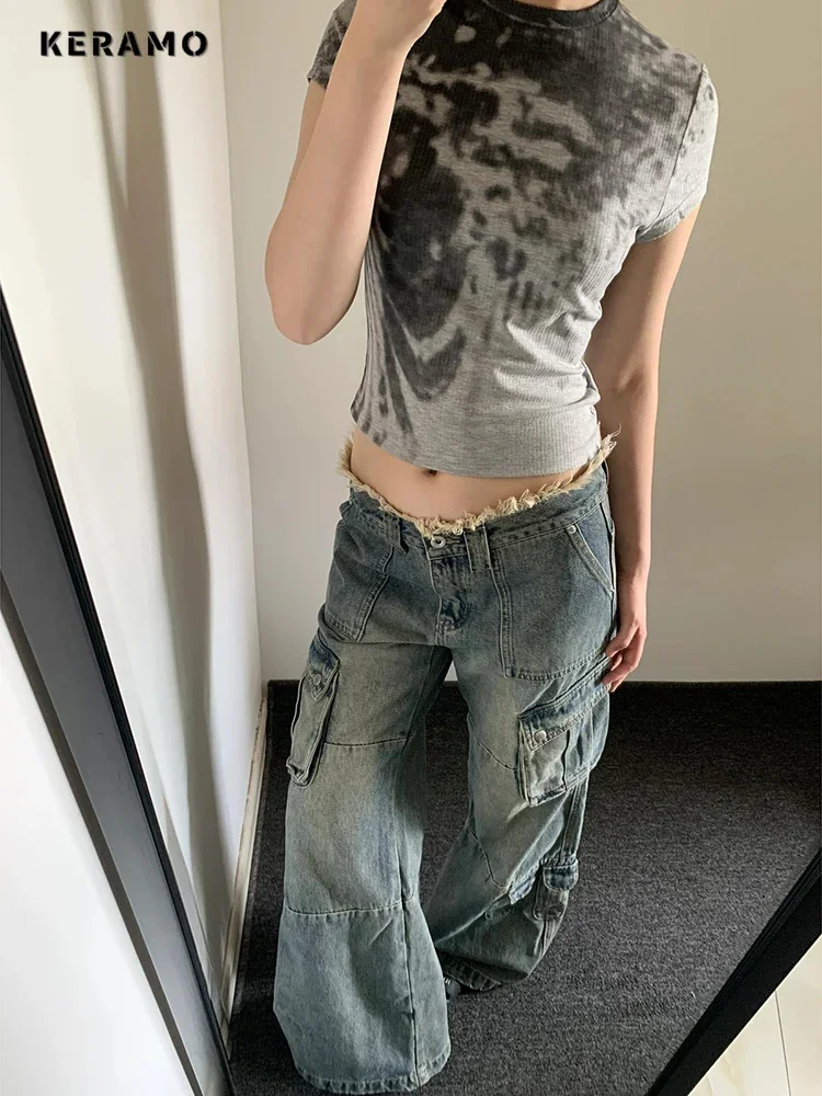 Calças jeans largas casuais retrô feminina, bolsos de Harajuku, jeans solto de cintura alta, verão Y2K 2000s, calças trashy, 2024