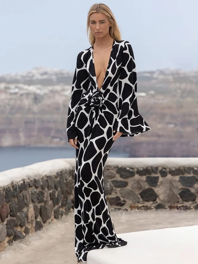Weird Puss Farbblockierendes langes Kleid für Damen, 3D-Blumendekoration, tiefer V-Ausschnitt, lange Ärmel, für den Urlaub, gerafft, eleganter Stil, Vestidos – Detail 3