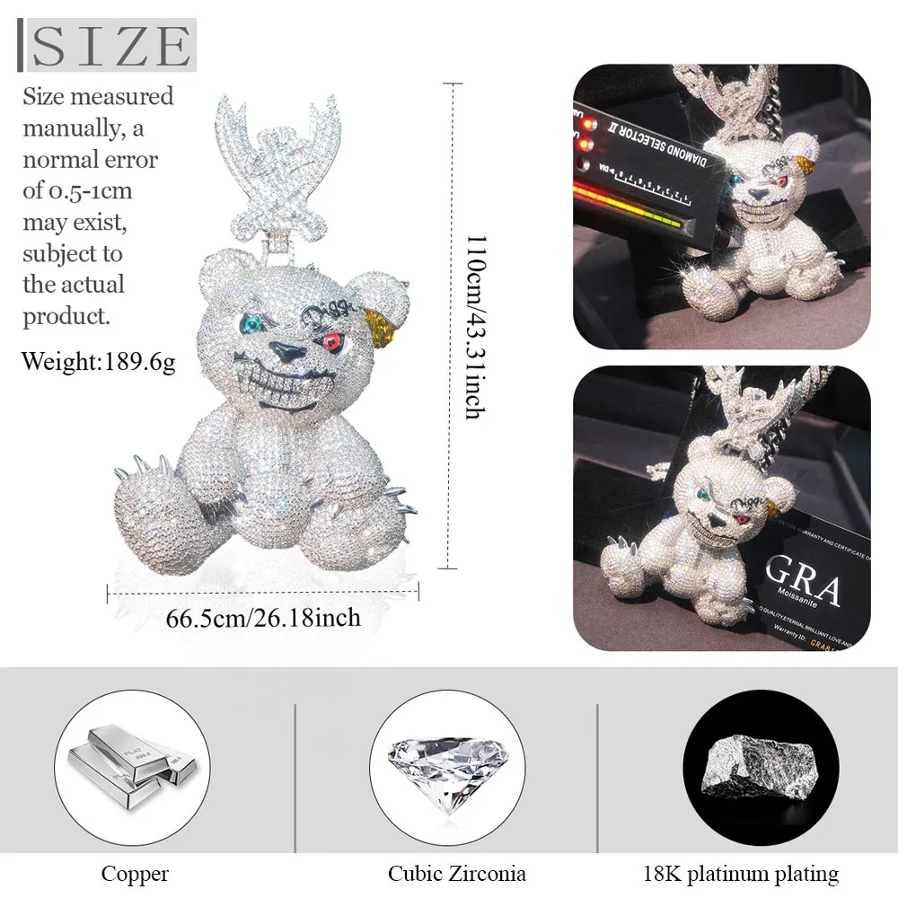 Sparkling Hip-hop Necklace Pendant Cartoon Bear Punk Party Anniversary Iced Out Rapper Jewelry  Gifts for Men Girl Boy Friends