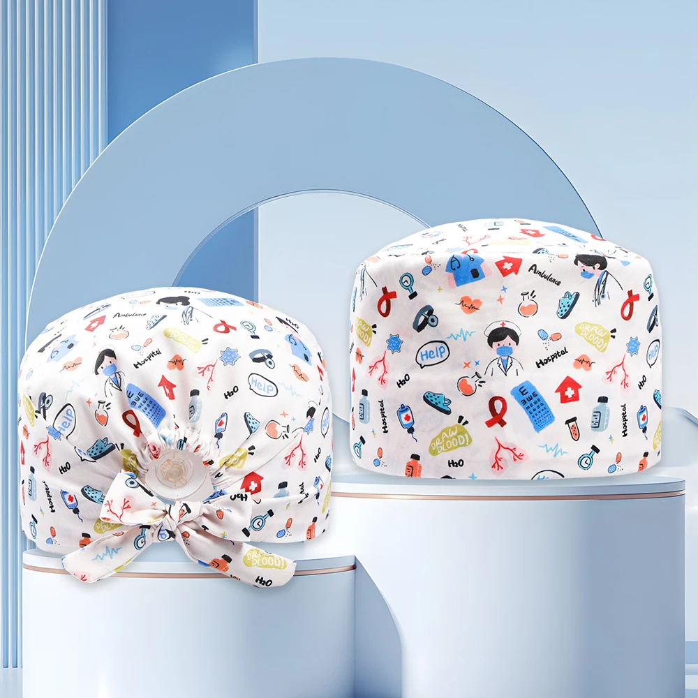 만화 프린트 치과 의사 스크럽 캡 여성용 의료용 스크럽 모자 수술 모자 유니섹스 수술실 모자 병원 의사 간호사 캡