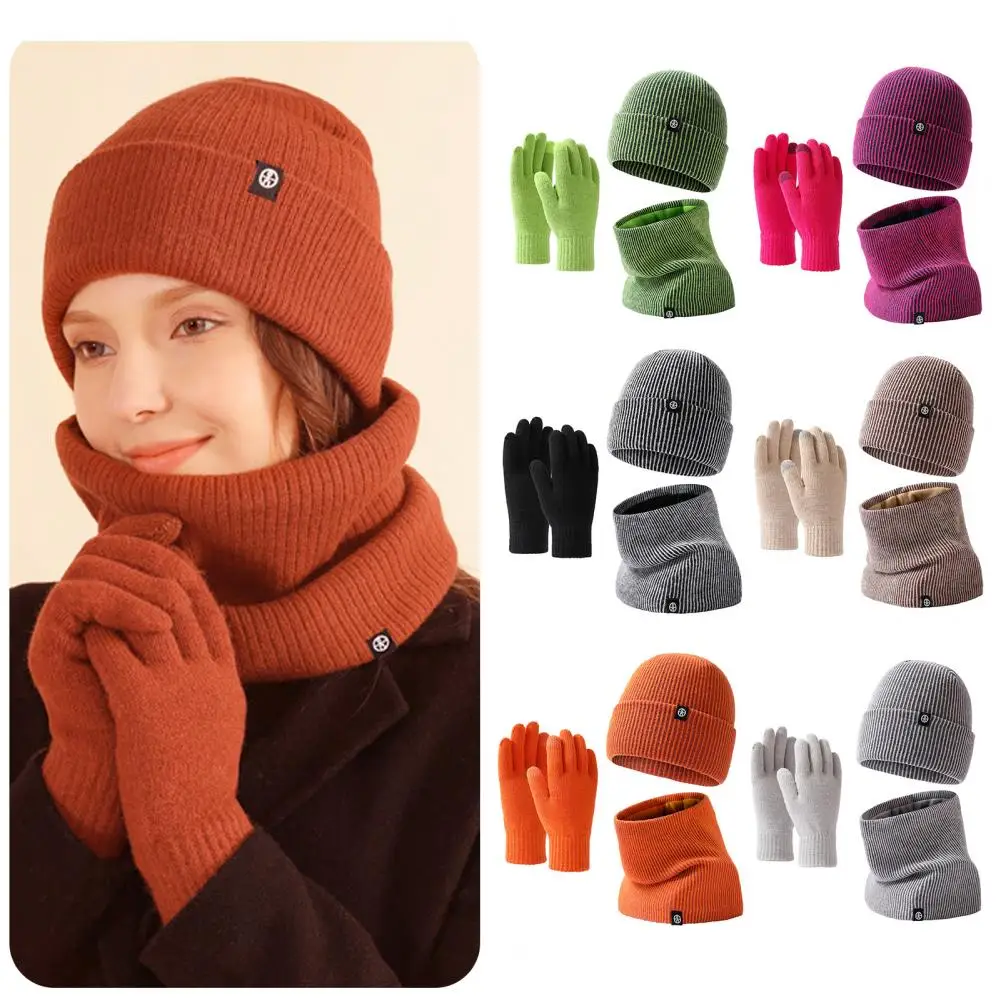 Hat Scarf Set Ultra-thick Windproof Knitted Winter Beanie Hat Gloves Scarf Set Soft Elastic Neck Warmer Gloves Solid for Weather