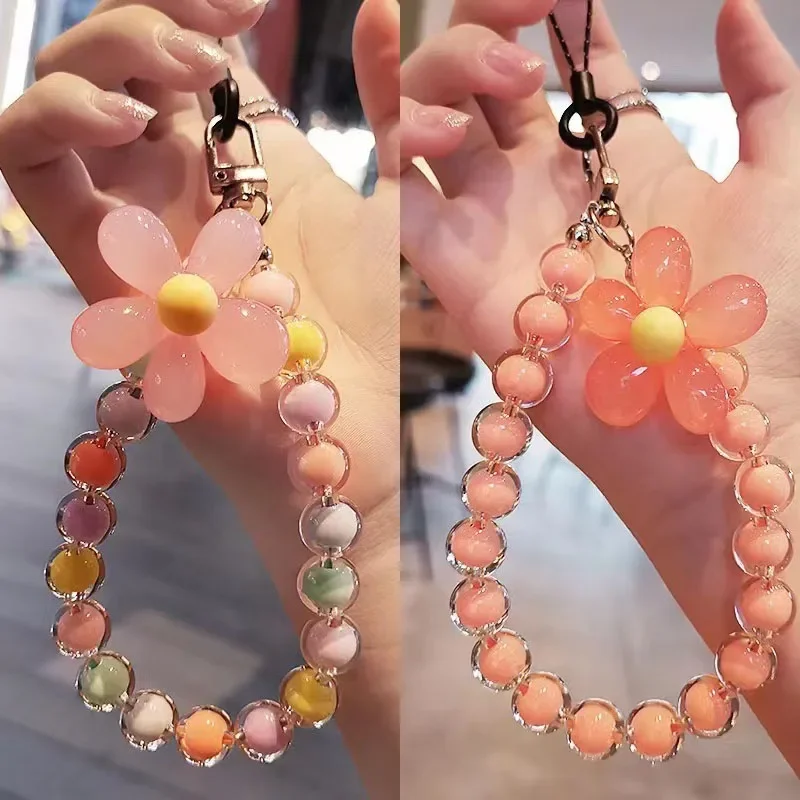 Cordón de pétalos de cuentas de colores para IPhone, pulsera antipérdida para funda de teléfono móvil Samsung, correa de muñeca, llavero de coche,