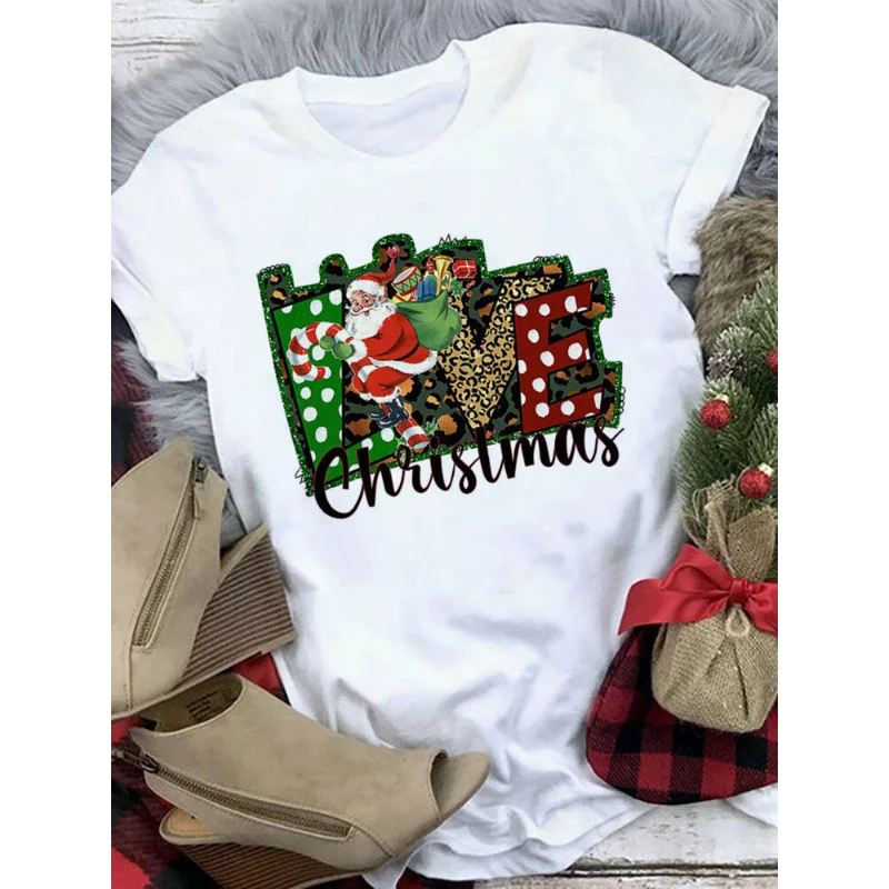 

Hot-selling Fashion Merry Chrismas New Year Santa Claus Round-neck Short-sleeved Top for Women Graphic T Shirts Aesthetic