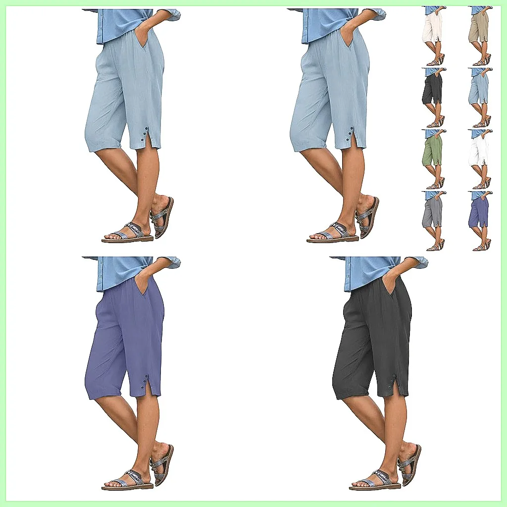 

Women's Summer Wide Leg Pants Cotton Linen Blend Casual Elastic Waist Loose Straight Leg Trousers