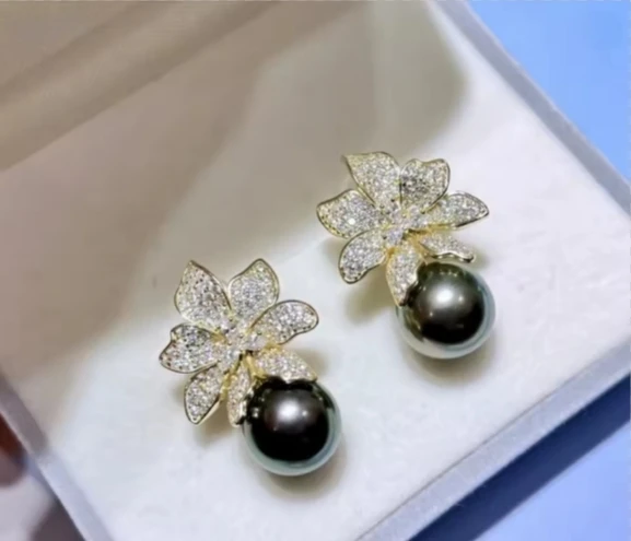 Perfect round Natural Huge 10-11mm 9-10mm Tahitian Black Green Earrings 925s Sterling Silver Jewelry Accessory