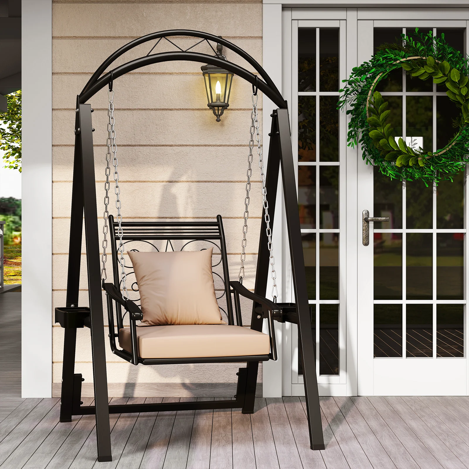

Outdoor Porch Swing With Stand For Adults | Patio Swing Chair With Removable Cushions And Side Tables, Carbon Steel Frame,