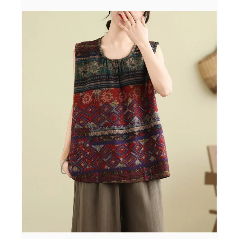 Mouwloze tanktop voor dames, etnisch patroon, losse, casual blouse met ronde hals