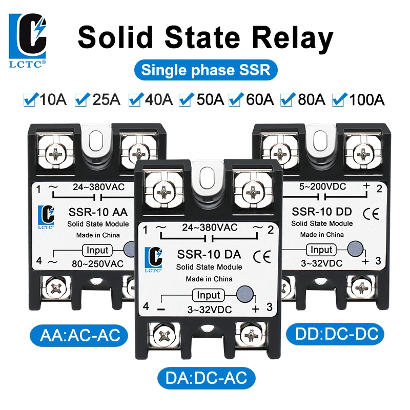 

LCTC SSR Solid State Relay DC Control AC 10A 25A 40A 50A 60A 80A 100A Single Phase SSR-40DA AC control AC DC control DC