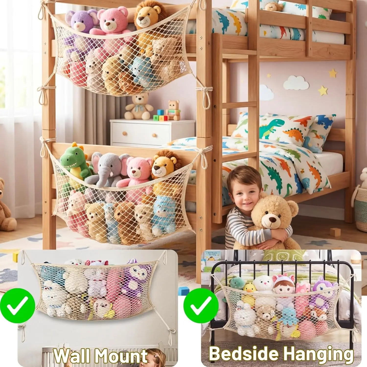 Stuffed Animal Storage Net for Kids, Bedside Toy Organizer with Tether, Stretches up to 35 Inches, Beige view 3