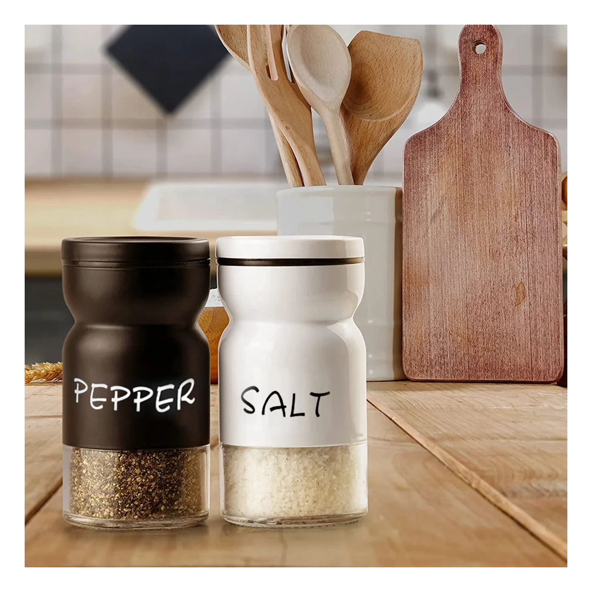 Farmhouse Salt and Pepper Shakers Set with Adjustable Lids, Modern Home Country Kitchen Decor, Cute Shaker Set