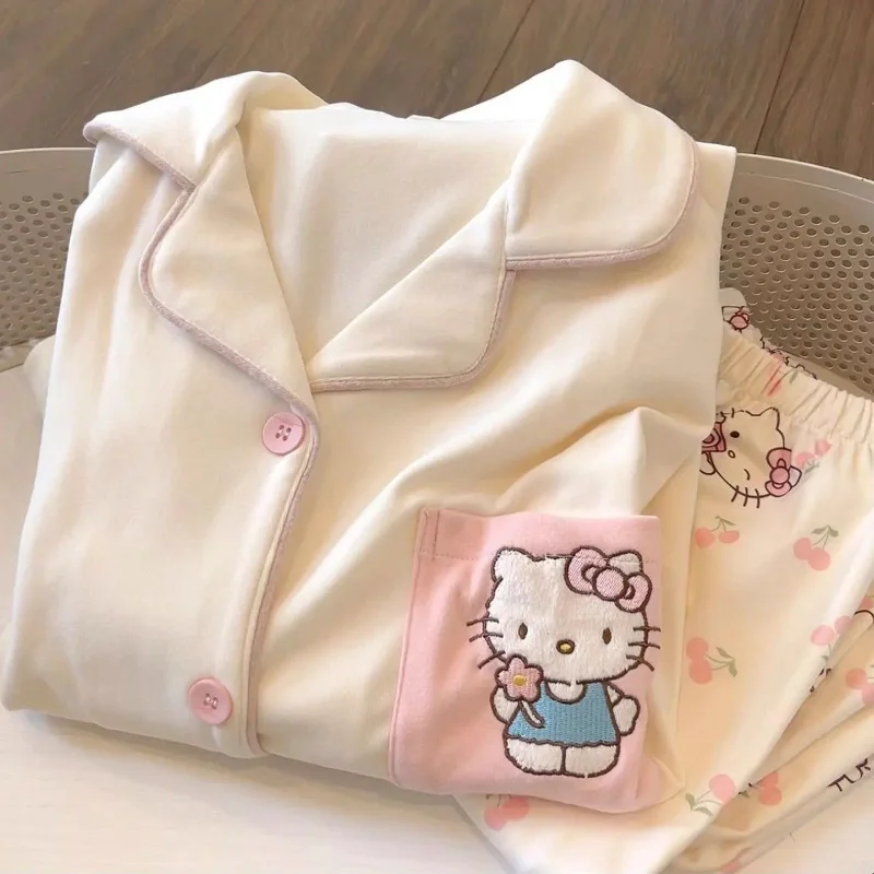 

Женские пижамные комплекты Hello Kitty для сна, кавайные студенческие зимние штаны с длинными рукавами с героями мультфильмов, теплая одежда для сна De Rong, домашняя одежда, новинка