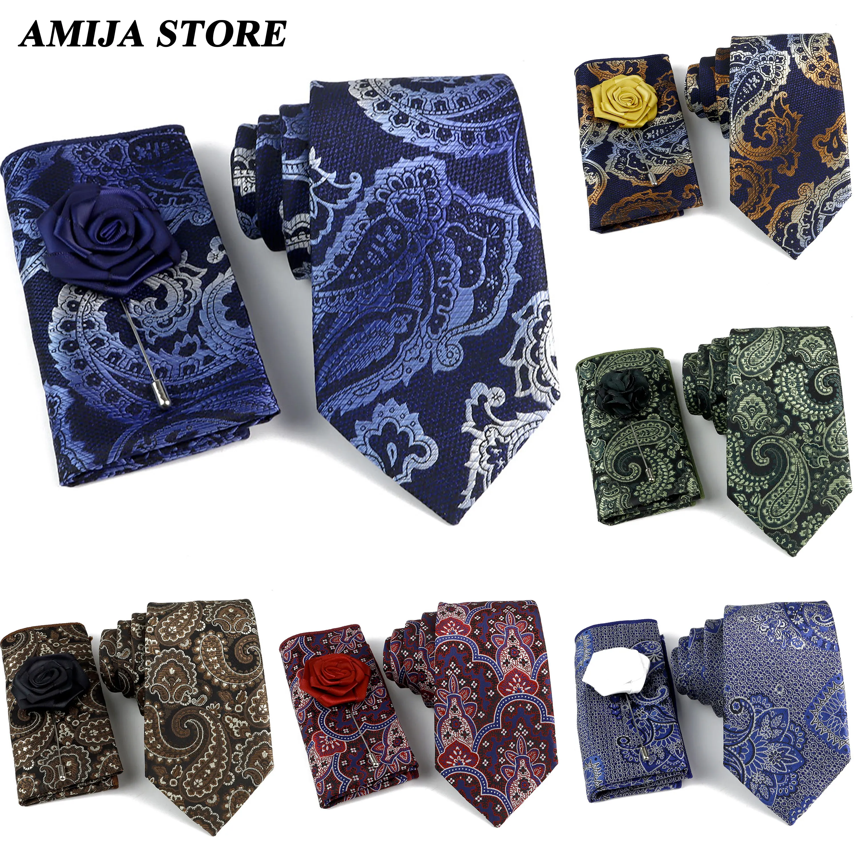 

Британский дизайн, мужской галстук с узором пейсли, галстуки с носовым платом, брошь, разные цвета, мужские свадебные вечерние офисные аксессуары для жениха в стиле ретро