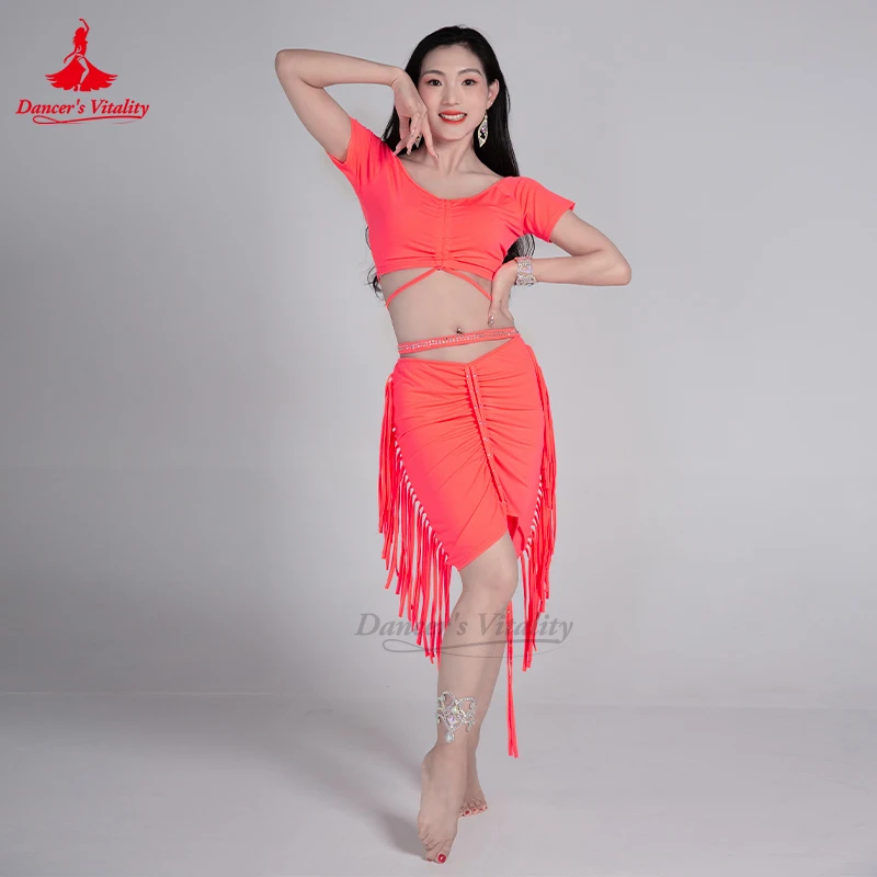 Belly Dancing Costume Set V-neck Short Sleeved Top+sexy Tassel Skirt 2pcs Girls' Oriental Dance Professional Training Clothes