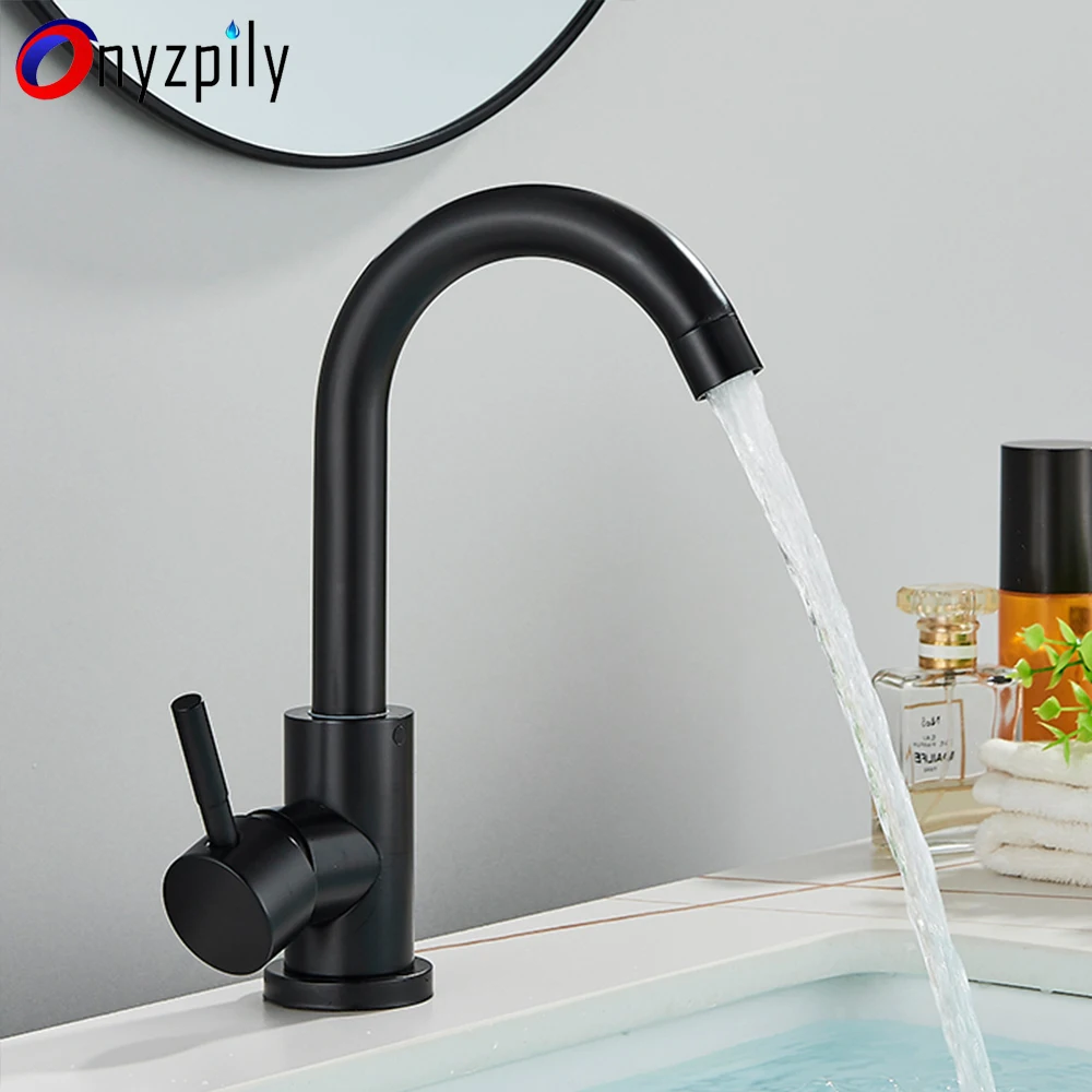 Black Bathroom Basin Faucet 304 Stainless Steel Hot Cold Wash Mixer Crane Tap 360 Rotation Sink Faucets Single Handle Deck Sinks