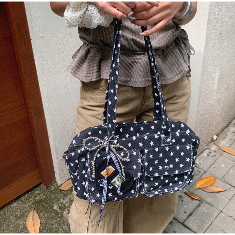 Mehrfach-Taschen-Schultertasche mit Polka Dots, Damen-Canvas-Tragetasche, Koreanische Lässige Süße Niedliche Pendler-Einkaufs-Reisetasche – Detail 31
