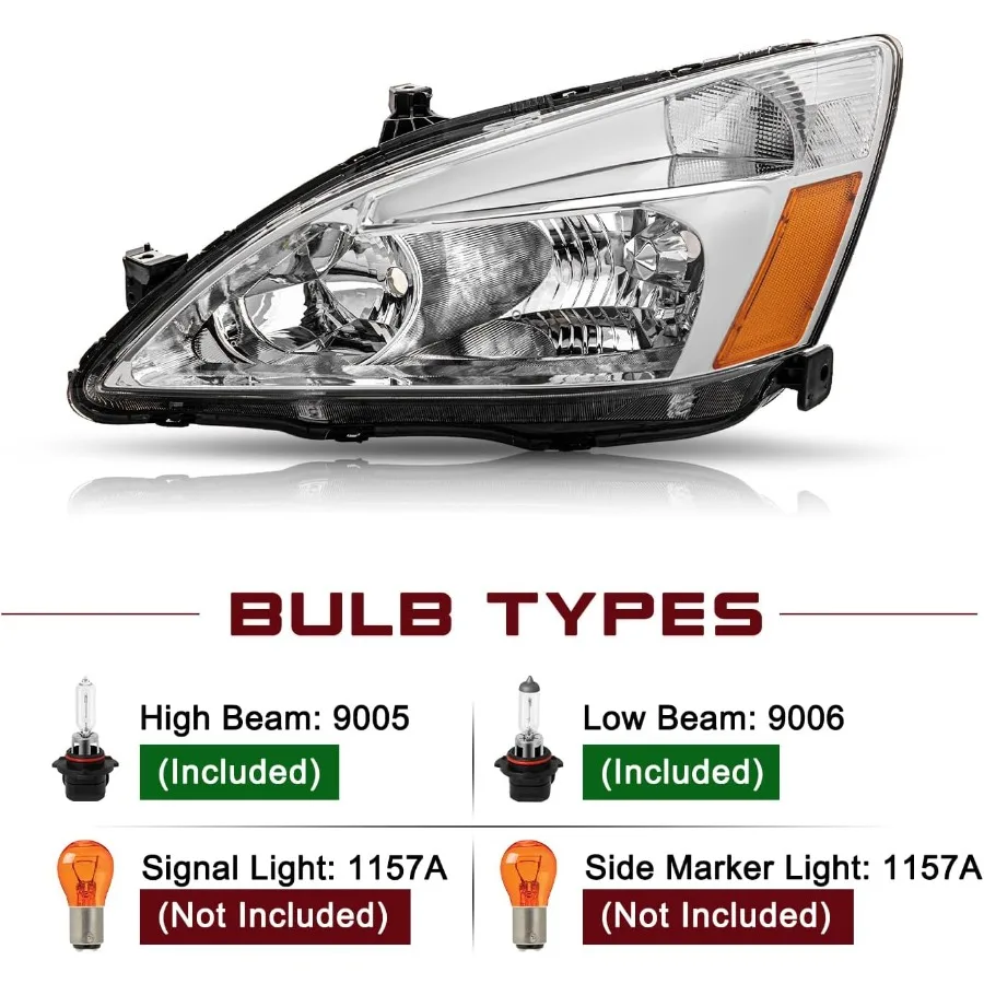 مجموعة المصابيح الأمامية متوافقة مع مبيت هوندا أكورد كروم 20032007 مع عاكس كهرماني للركاب وجانب السائق Appl