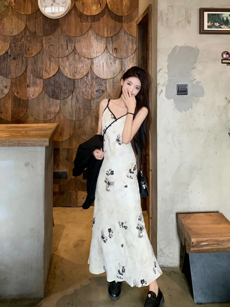 

New Chinese Sle Printed Strap Dr Women's Winter New National Sle Button V-ne Waist Slimming Long Skirt Sexy High Wai...