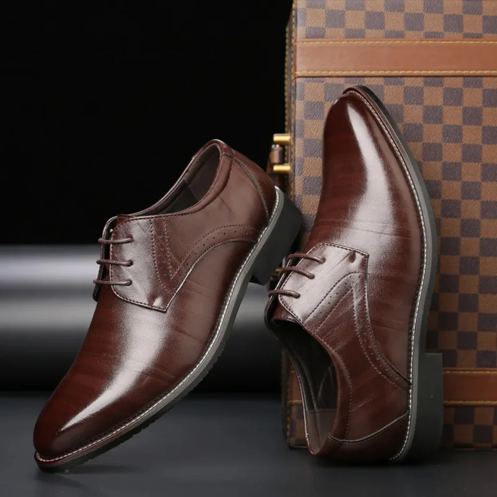 Men\'s Business Leather Shoes British Brown Pointed Lace Business Casual Leather Shoes Men Dress Shoes Sapato Social Masculino