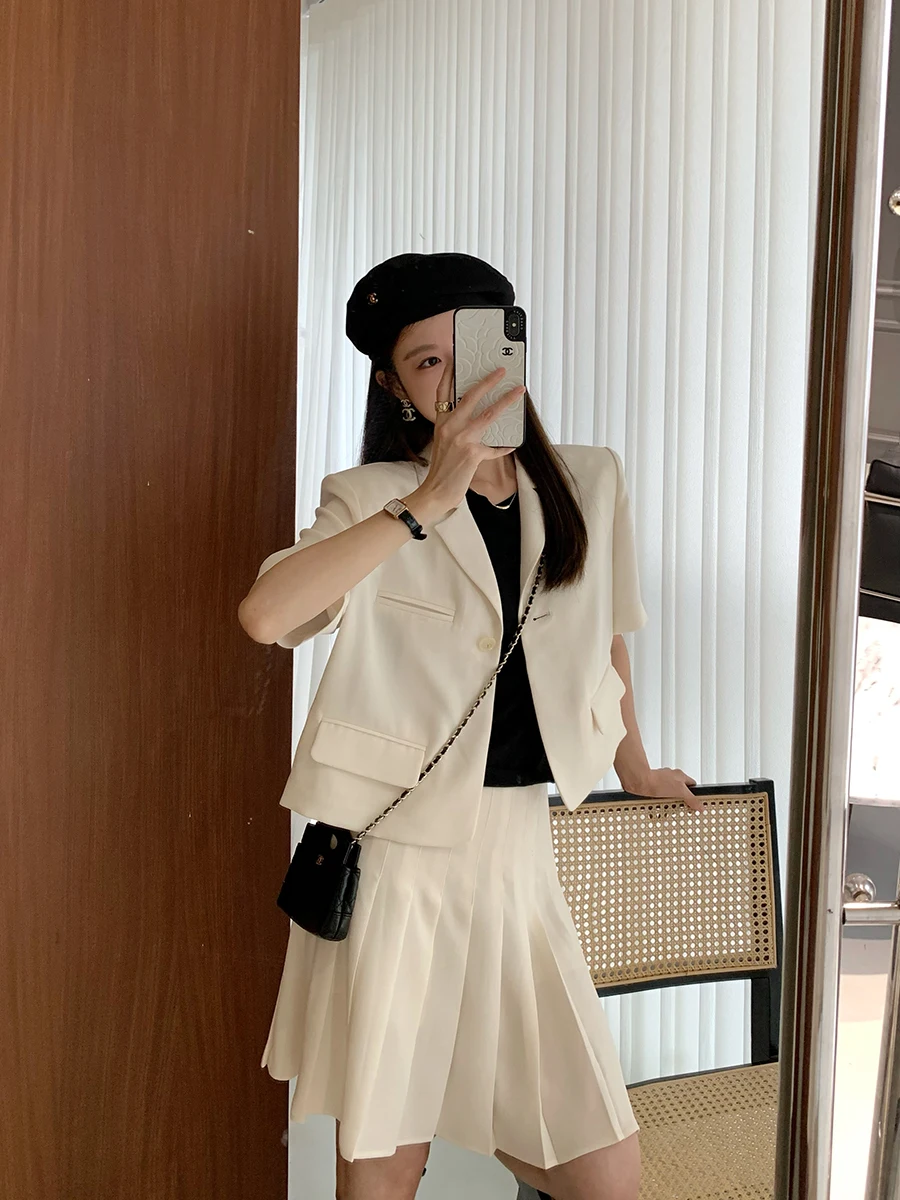 

Cleanfit Acetate Set Lightweight Luxury 70's Suit Sle ort Outerwear Pleated Skirt Faionable Women's Two-Piece Set