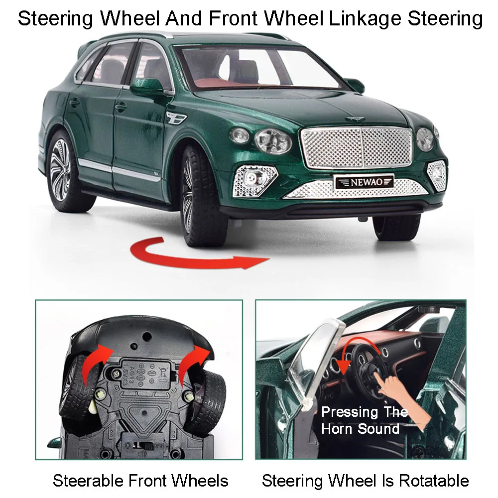 Bentaygaミニチュア車のおもちゃ、合金ダイキャスト車、6ドアを引き戻す、オープンサウンドライト、SUVモデル、子供向けギフト、1:24