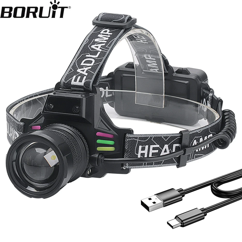 

BORUiT масштабируемый светодиодный налобный фонарь с датчиком движения Type-C, перезаряжаемый водонепроницаемый налобный фонарь для кемпинга и рыбалки на открытом воздухе