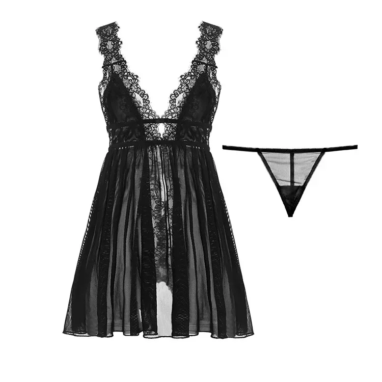 Indumenti da notte da donna sexy con scollo a V Camicia da notte per sesso Camicia da notte casual Comodo pigiama in pizzo Tinta unita Biforcazione Indumenti da notte Babydoll