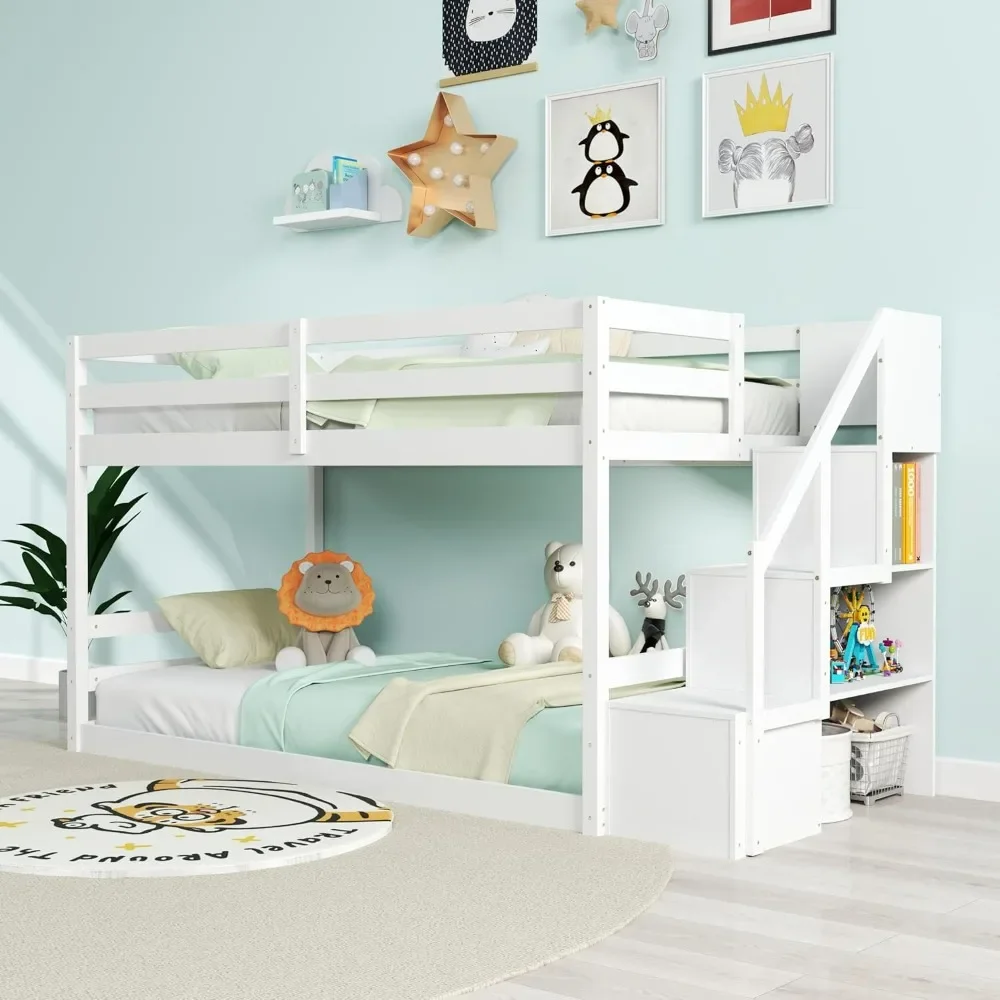 Twin Over Twin Bunk Bed, Storage Staircase, Bunk Bed Frame with Full-Length Guardrails, Low Profile Bunk Bed with Slats Support