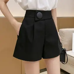 Female Clothing Korean Casual Shorts High Waist Zipper Stylish Button Folds Summer Solid Color Slim All-match Wide Leg Shorts