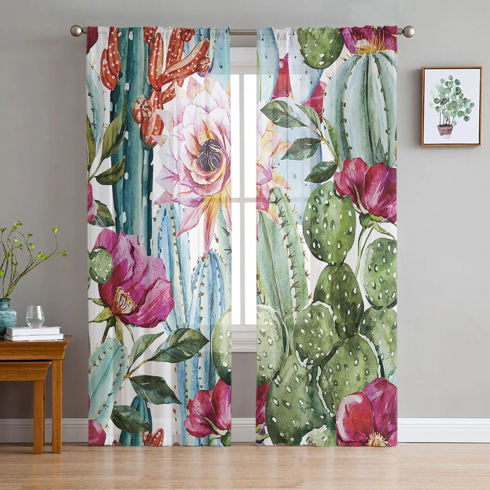 Plant Cactus Flower Art Sheer Curtains for Living Room Bedroom Kitchen Tulle for Windows Voile Yarn Curtains for Bedroom