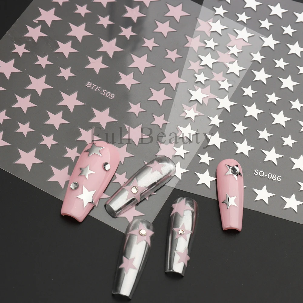 3D Blue Pink Star Nail Stickers Heart Nail Charms Sliders Silver Chrome Gel Polish Decals DIY Self-Adhesive  Accesories GLLS-J49