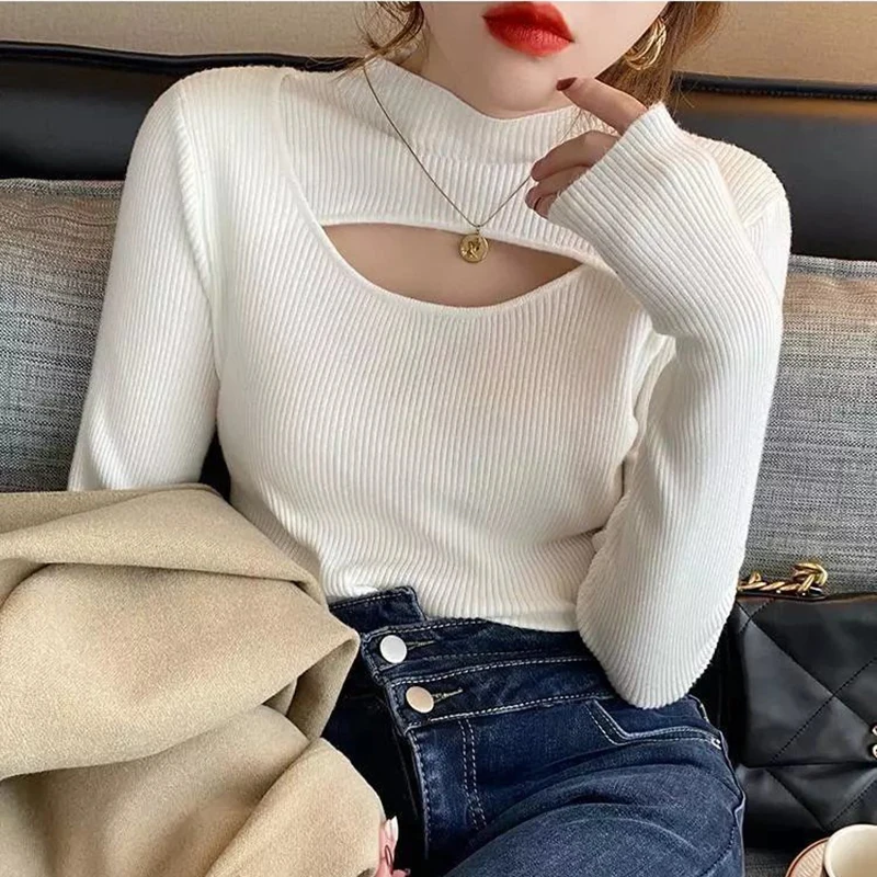 ผู้หญิงแฟชั่นถักเสื้อกันหนาวฤดูใบไม้ร่วงฤดูหนาว Hollow Out แขนยาว Slim Fit Pullovers เกาหลี Simple Office Lady Bottoming Tops