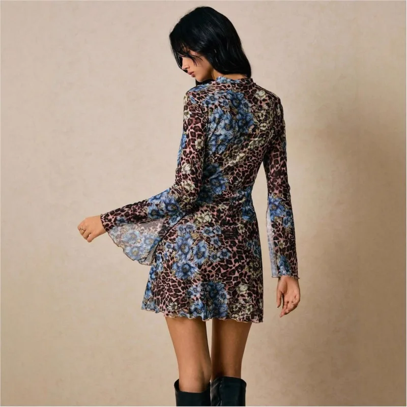 Robe trapèze Slim pour femme, tenue de tempérament, imprimé bohème, fente contrastée, manches évasées, col rond, tendance, printemps 2026