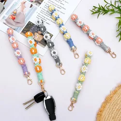 Bohemia Flower Handmade Woven Phone Chain Keychain for Women Vintage Colorful Daisy Floral Key Ring Bag Pendant Wrist Strap