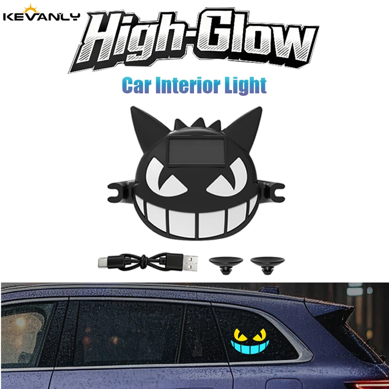 Solar Car Devil Face LED Atmosphere Light Type-C Rear Window Warning Lamp Universal Auto HD Creative Modified Decorative Light