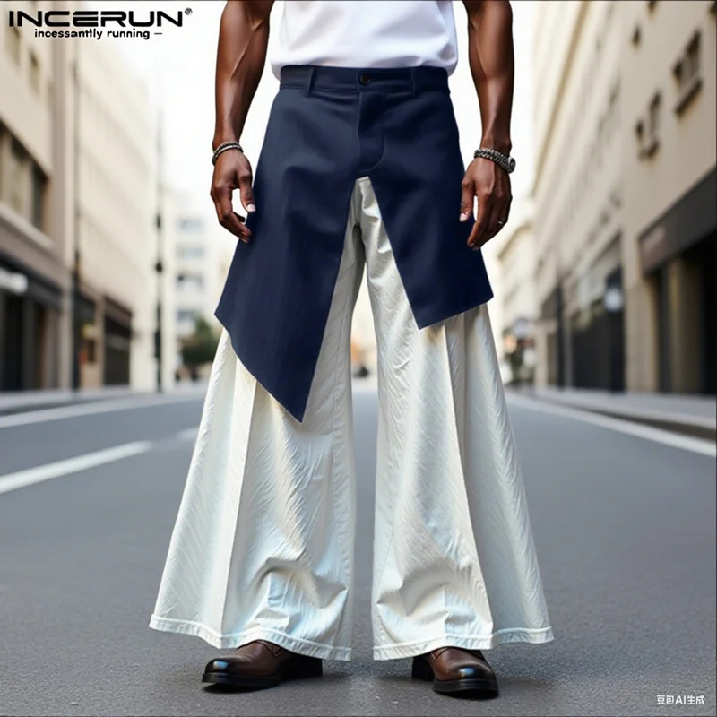 

INCERUN мужские широкие брюки лоскутные брюки на пуговицах для бега свободные повседневные брюки мужская уличная одежда 2025 модные мужские длинные брюки S-5XL