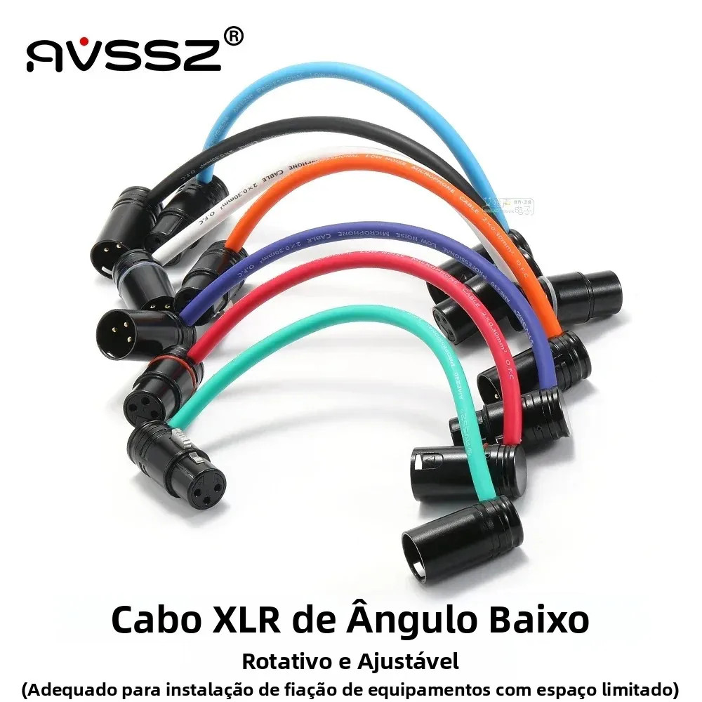 Cabo Conector XLR de 3 Pinos de Baixo Perfil AVSSZ, Plugue em L de Ângulo Reto 10cm-2m, Linha de Áudio Profissional para Microfone, Mixer e Amplificador