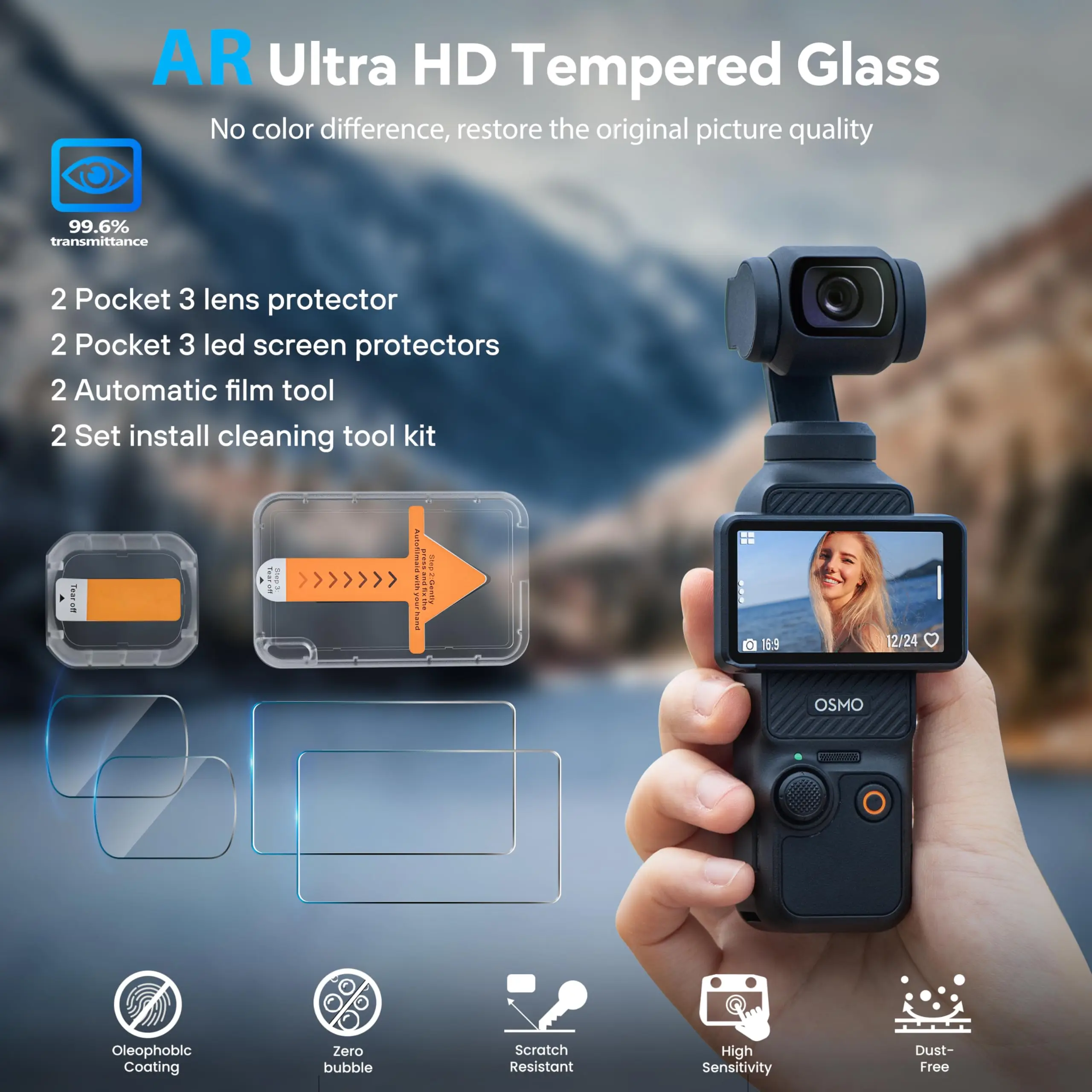 2 sztuki folii ochronnej AR HD ze szkła hartowanego do ekranu i obiektywu DJI Osmo Pocket 3/4 z zestawem do automatycznego wyrównywania podczas montażu — zdjęcie produktu 6