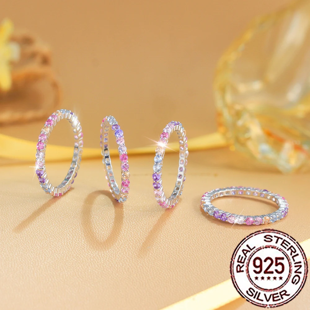 QooLady 925 Sterling Silber zierliche, funkelnde, mehrfarbige, stapelbare Regenbogenringe mit Zirkon für Damen, trendiger edler Schmuck SR114 – Detail 5