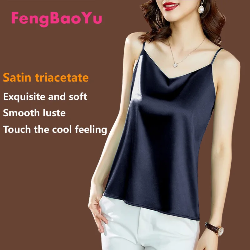 

Fengbaoyu Triacetic Acid lady V Neckband Vest Spring Summer Fat Girl Large Size Sleeveless Shirt Bottom Black Classic Simplicit