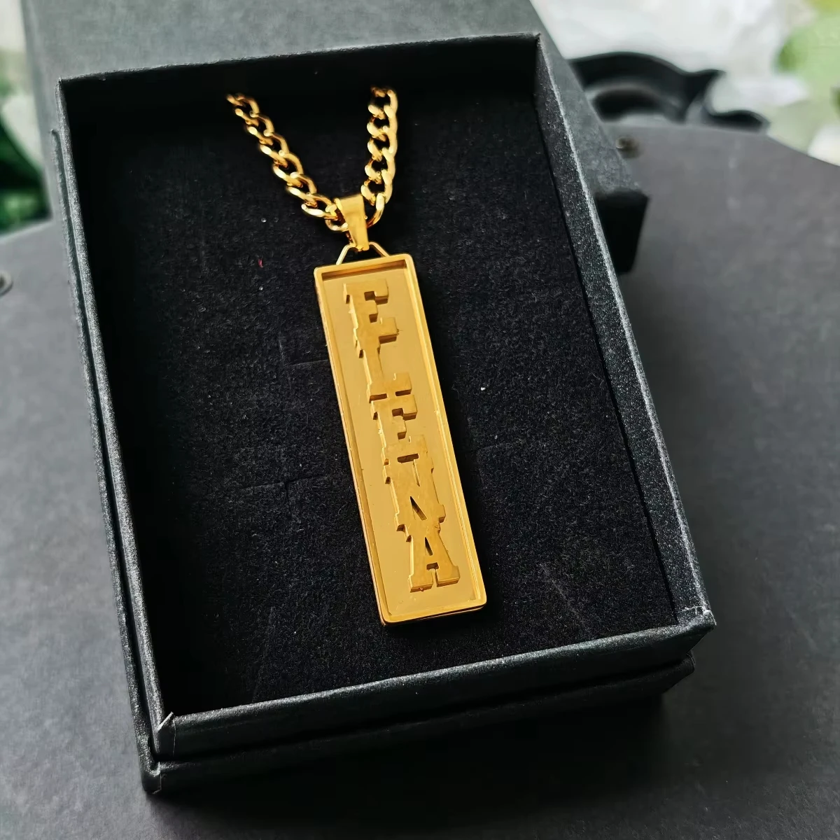 Custom 3D Raised Name Necklace 18K Gold Plated Stainless Steel, Square Rectangle Round Name Plate Pendant Personalized for Men