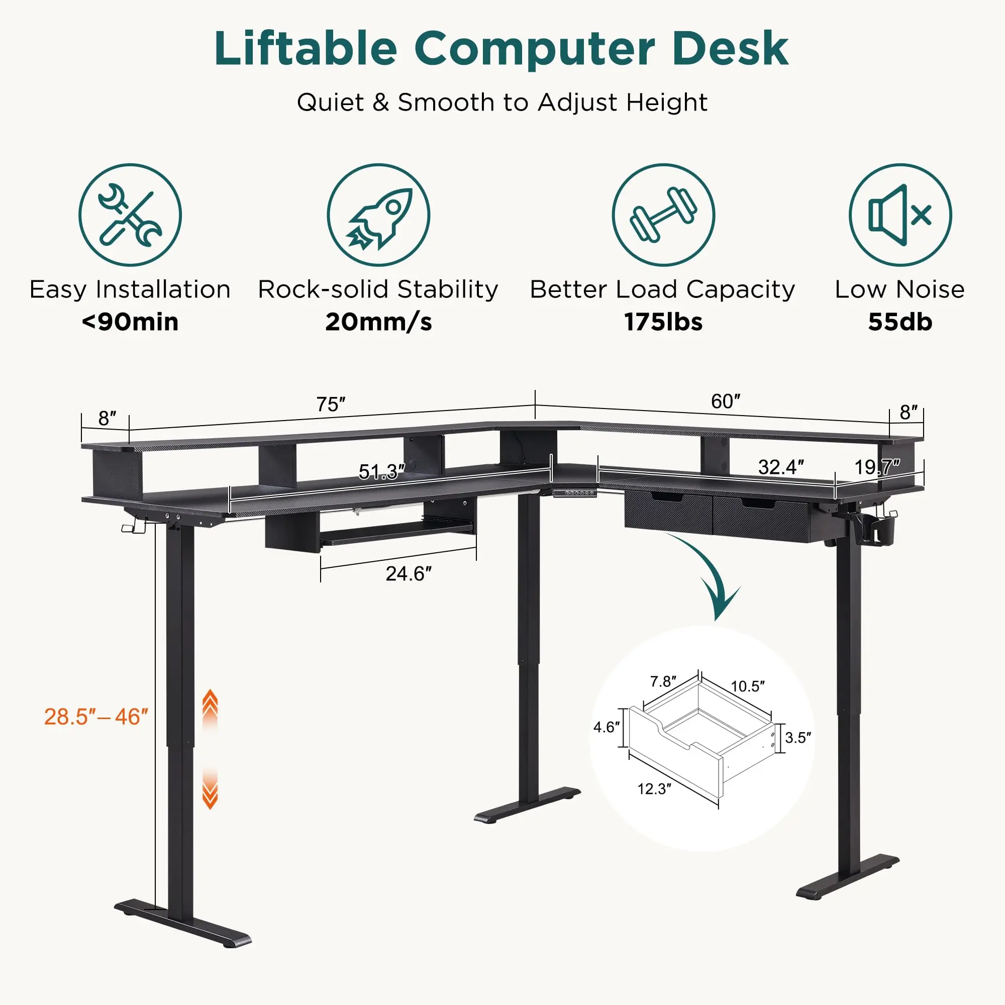 75x60 Inches L Shaped Electric Standing Desk, Carbon Fiber Black