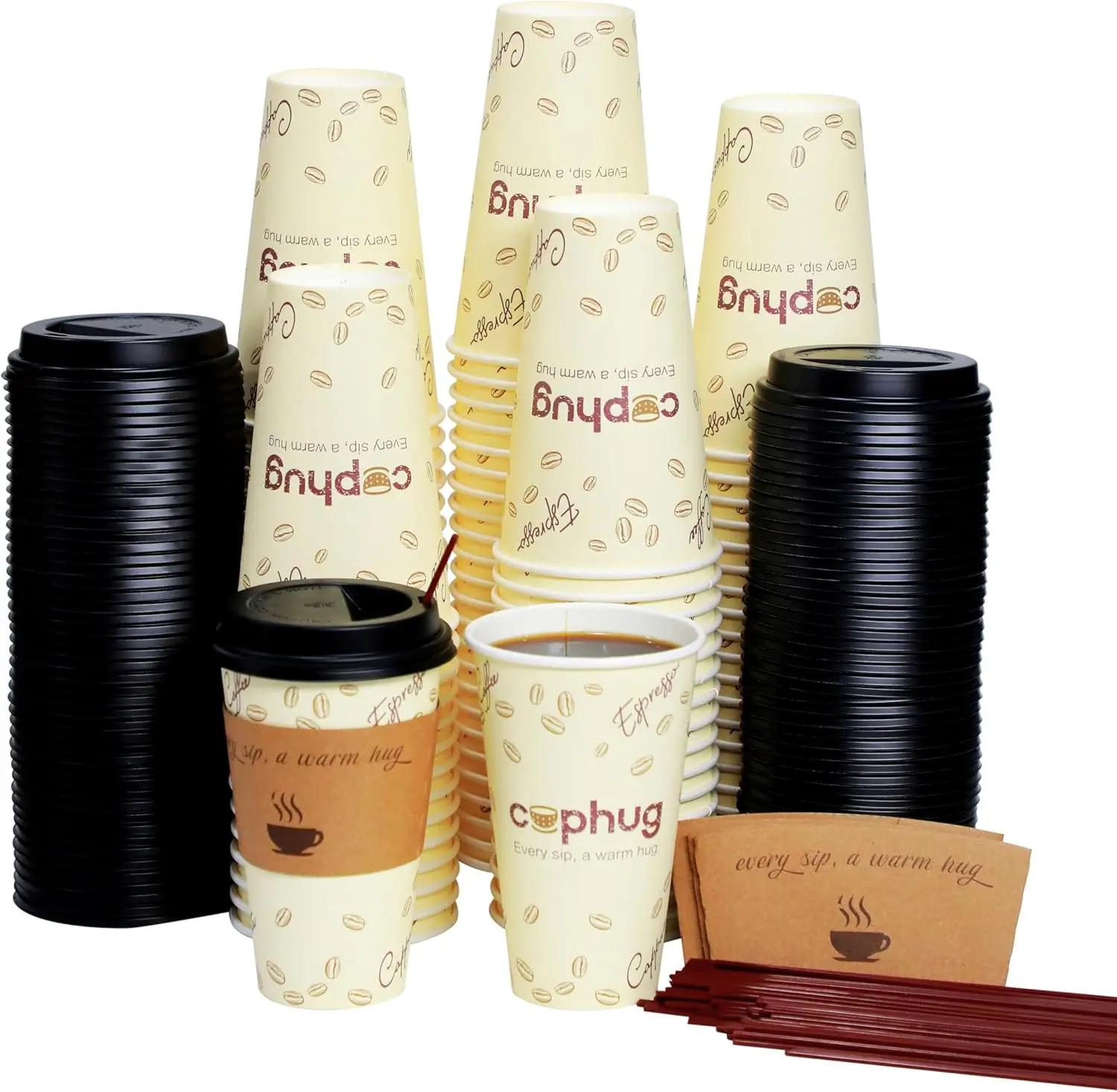 

100 упаковок кофейных чашек на 16 унций, одноразовые бумажные стаканчики для горячих напитков с крышками и рукавами - чашки для вечеринок на 16 унций идеально подходят для Hot Bev