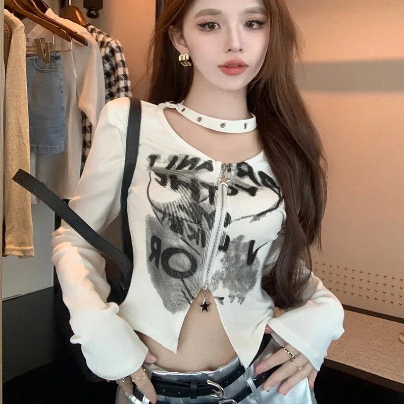 Y2K Hollow Out Women T Shirt Korean Letter Print Halter Long Sleeve Crop Tees Fall Slim Hotsweet Double Zipper Streetwear Tops