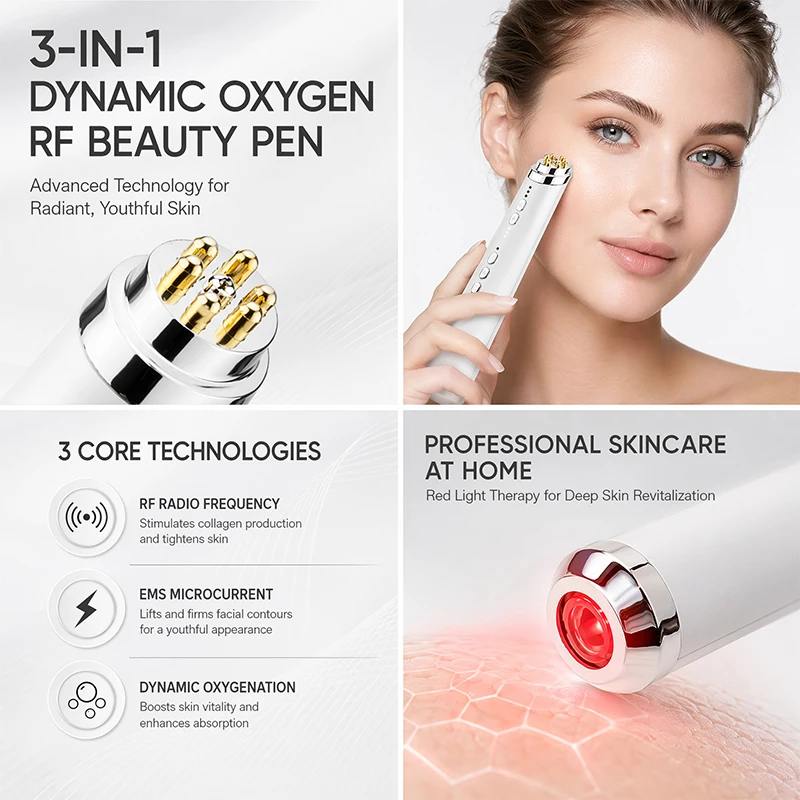 3-in-1 Dynamic Oxygen RF EMS Beauty Pen Light Therapy Facial Massager with Skin Rejuvenation Lifting and Firming Functions