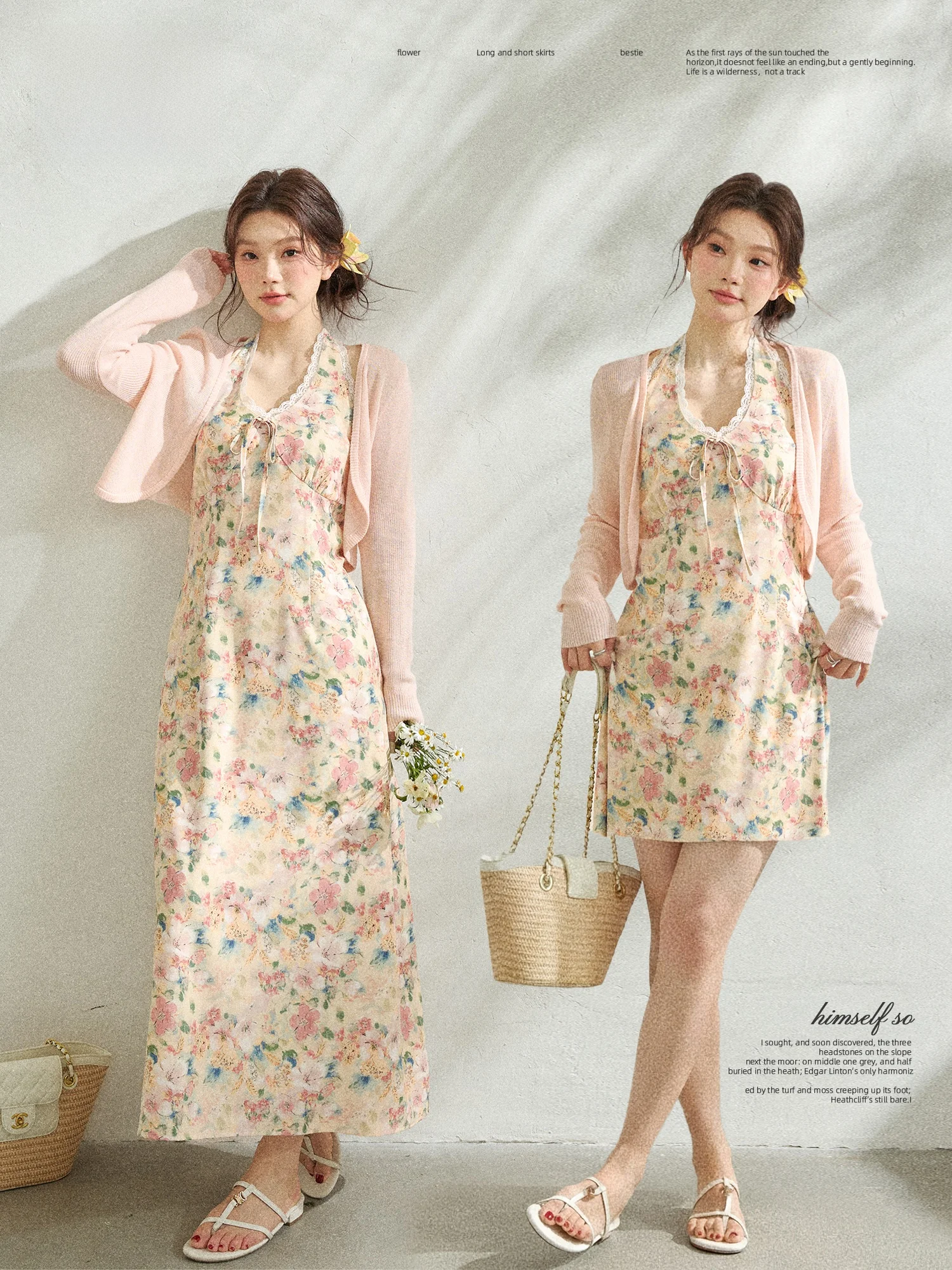 

Romantic Floral Print Vacation Dress Set Large Size Women's Korean Style Slimming V-Neck Hanging Neck Line Long Sleeve Dress