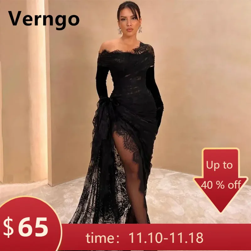 Verngo Black Lace Party Dresses Off The Shoulder Prom Dress 2024 Black Girl MermaidSlit Formal Dress فساتين عيد نسائيهcustomized